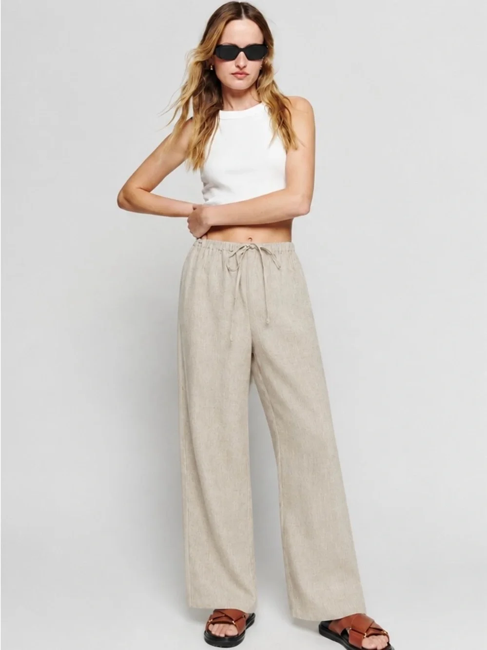 Relaxed Linen-Blend Drawstring Pants - Beige
